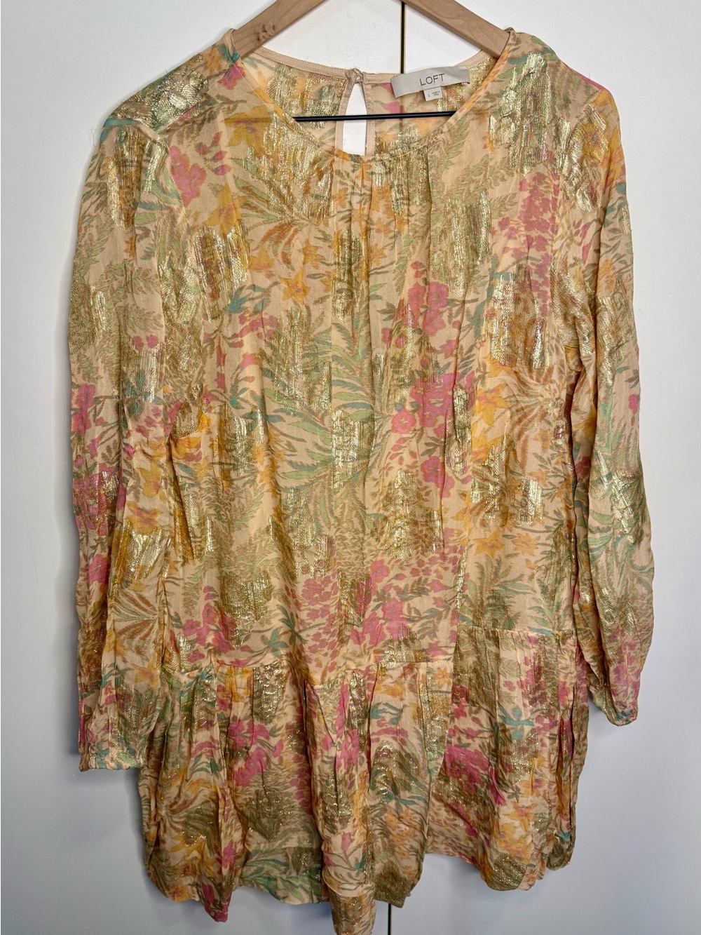 LOFT Metallic Floral Peplum Mini Dress Long Sleeve - Cream‎ & Pink